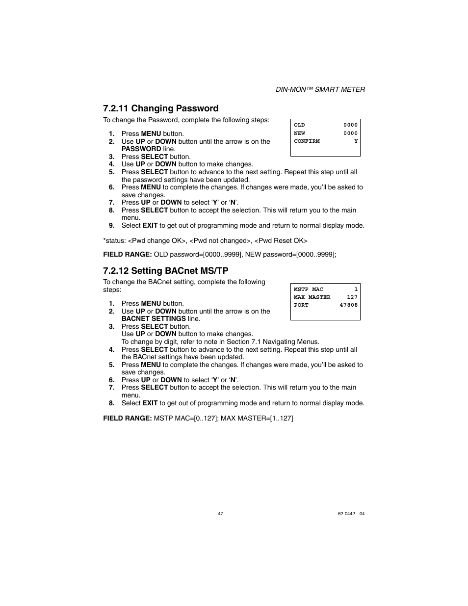 11 changing password, 12 setting bacnet ms/tp | E-Mon E-D5-600800-S*SPL3-V3KIT3 User Manual | Page 47 / 72