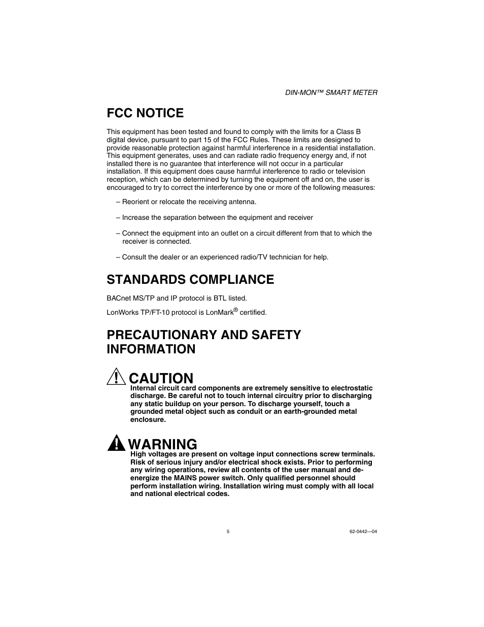 Fcc notice, Standards compliance, Precautionary and safety information | Caution, Warning | E-Mon E-D5-600800-S*SPL3-V3KIT3 User Manual | Page 5 / 72