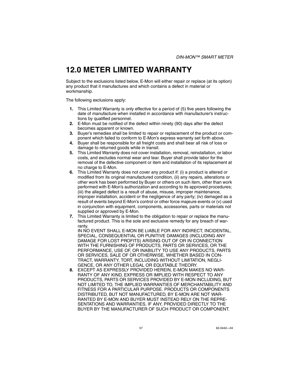 0 meter limited warranty | E-Mon E-D5-600800-S*SPL3-V3KIT3 User Manual | Page 57 / 72