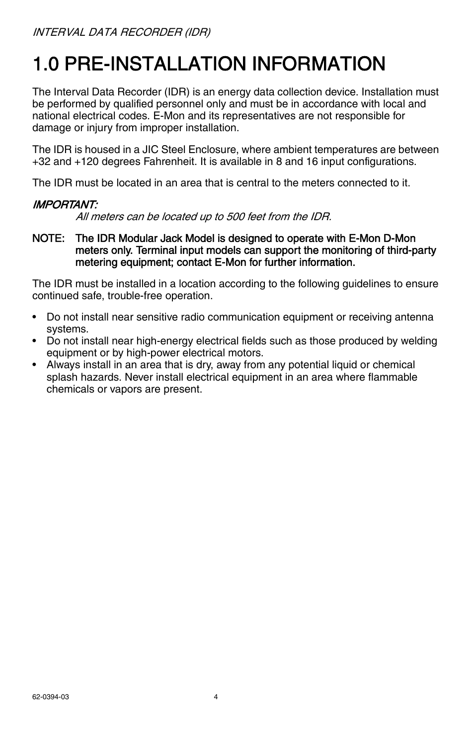 0 pre-installation information | E-Mon EIDR-16J*RJ User Manual | Page 4 / 40