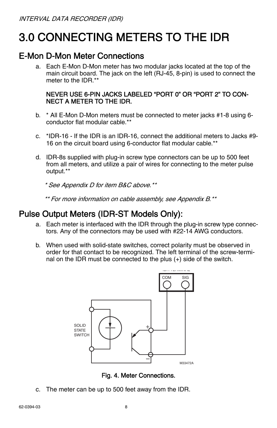 0 connecting meters to the idr, E-mon d-mon meter connections, Pulse output meters (idr-st models only) | E-Mon EIDR-16J*RJ User Manual | Page 8 / 40