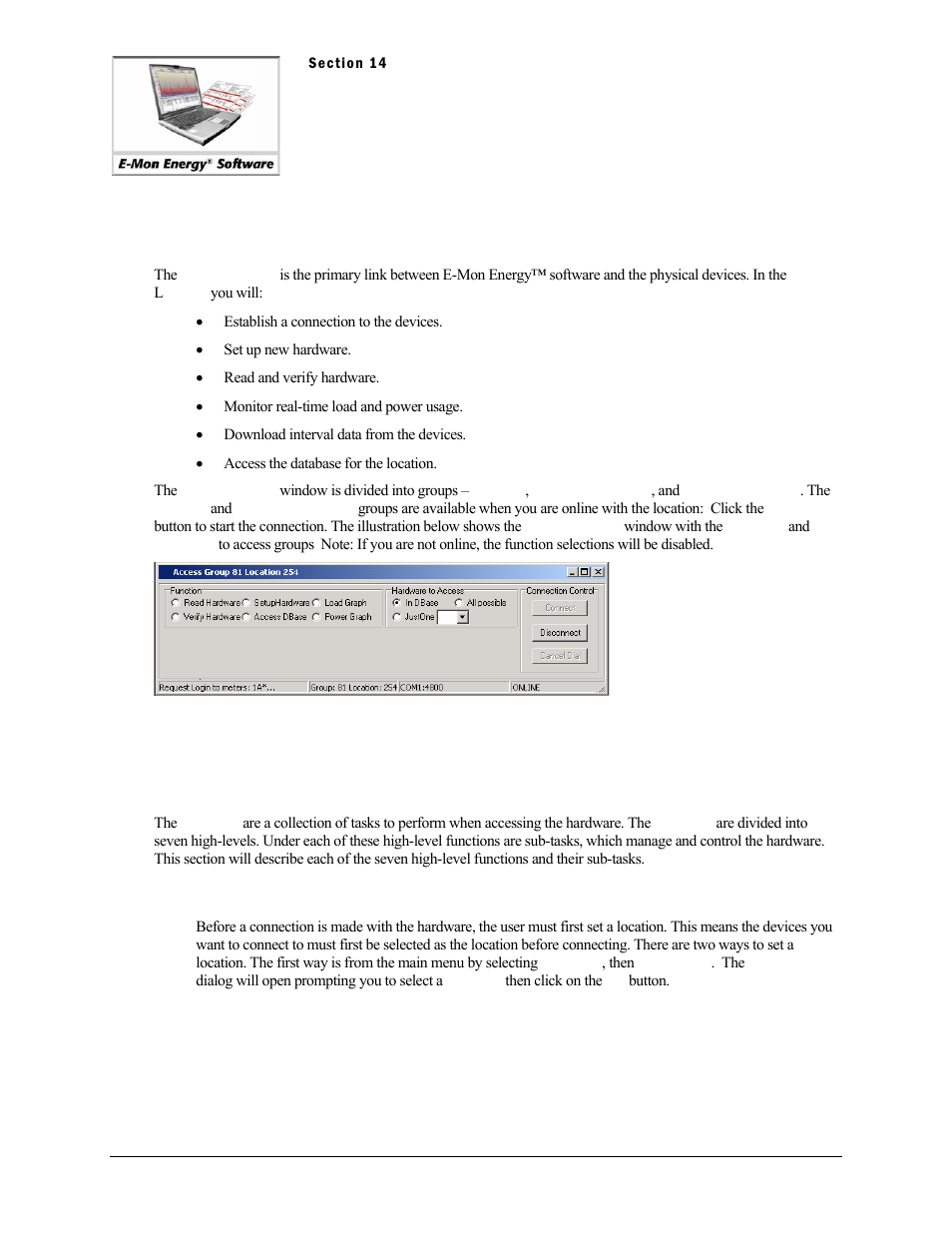 Section 14 - access location, Access location, What is the access location | What are the functions | E-Mon Energy Software User Manual | Page 138 / 223