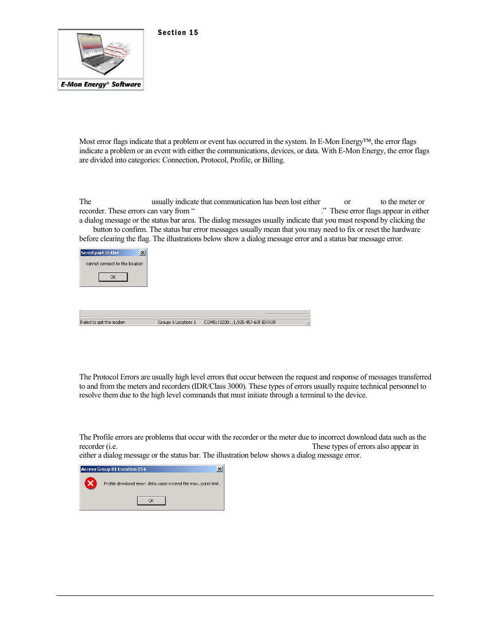Section 15 - error and flags, Error and flags, What are the error flags | What is a connection error, What is a protocol error, What is a profile error | E-Mon Energy Software User Manual | Page 152 / 223