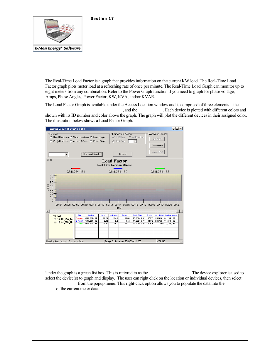 Section 17 - real-time graphs, Real-time graphs, What is the real-time load factor | What is the access device explorer | E-Mon Energy Software User Manual | Page 168 / 223