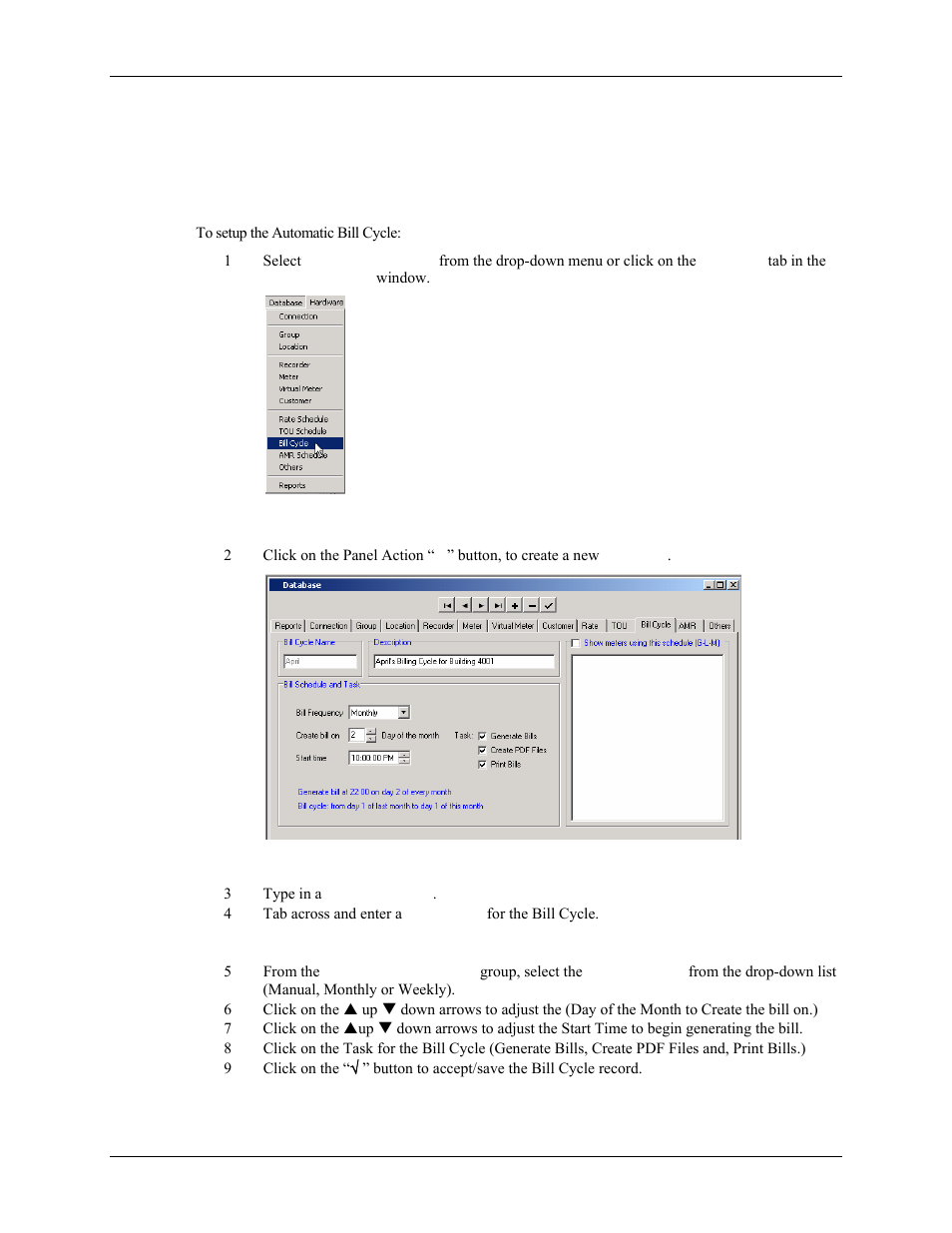 How do i set up the automatic bill cycle | E-Mon Energy Software User Manual | Page 185 / 223