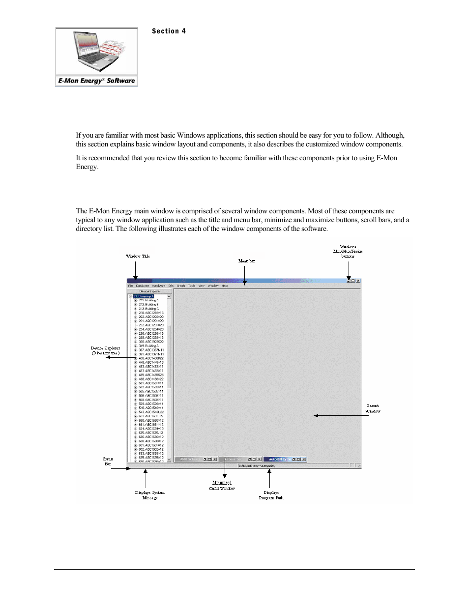 Section 4 - windows componets and navigation, Windows components and navigation, How do i use e-mon energy | What are the main window components | E-Mon Energy Software User Manual | Page 28 / 223