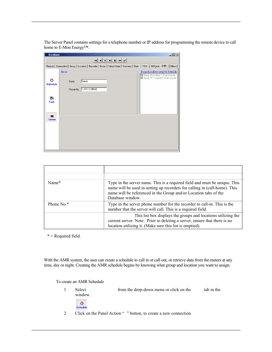 What is the server panel, How do i create an amr schedule | E-Mon Energy Software User Manual | Page 53 / 223