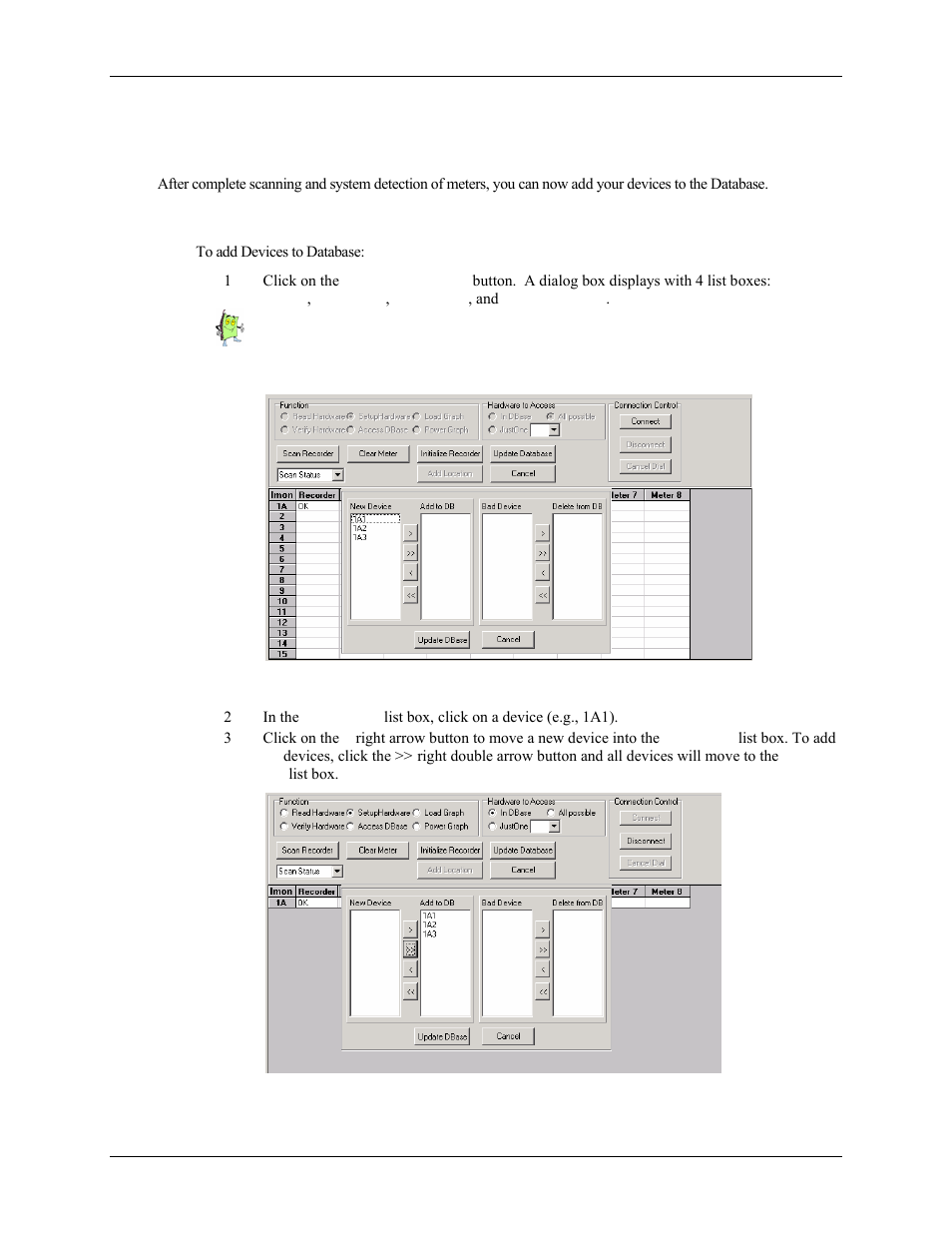 How do i update the database with the devices | E-Mon Energy Software User Manual | Page 75 / 223