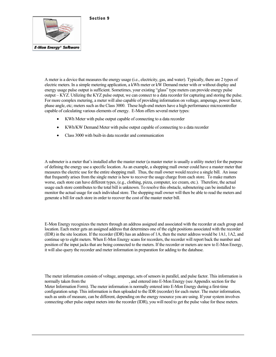 Section 9 - meter, Meter, What is a meter | What is a submeter, How does e-mon energy™ recognize the meters, What is the meter information | E-Mon Energy Software User Manual | Page 96 / 223