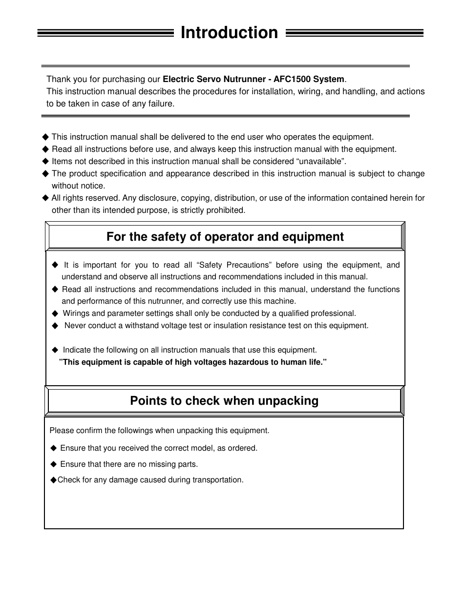 Introduction, For the safety of operator and equipment, Points to check when unpacking | FEC AFC1500 User Manual | Page 4 / 198