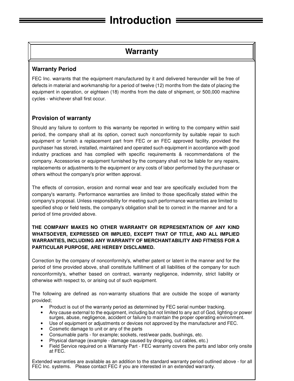 Introduction, Warranty | FEC AFC1500 User Manual | Page 5 / 198