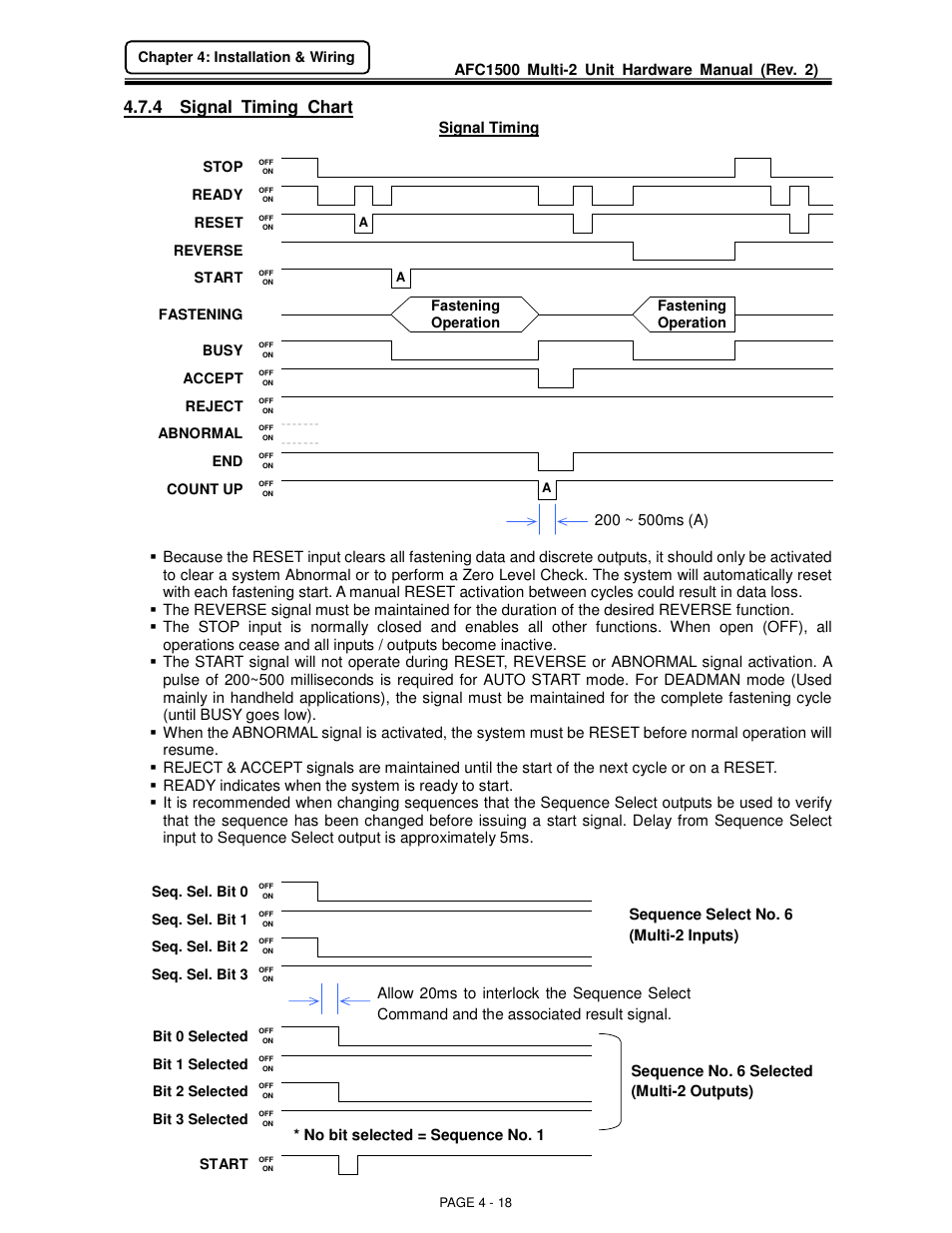 4 signal timing chart, Signal timing, Chapter 4: installation & wiring | Stop, Ready, Reset, Reverse, Start, Fastening, Fastening operation fastening operation | FEC AFC1500 User Manual | Page 42 / 129