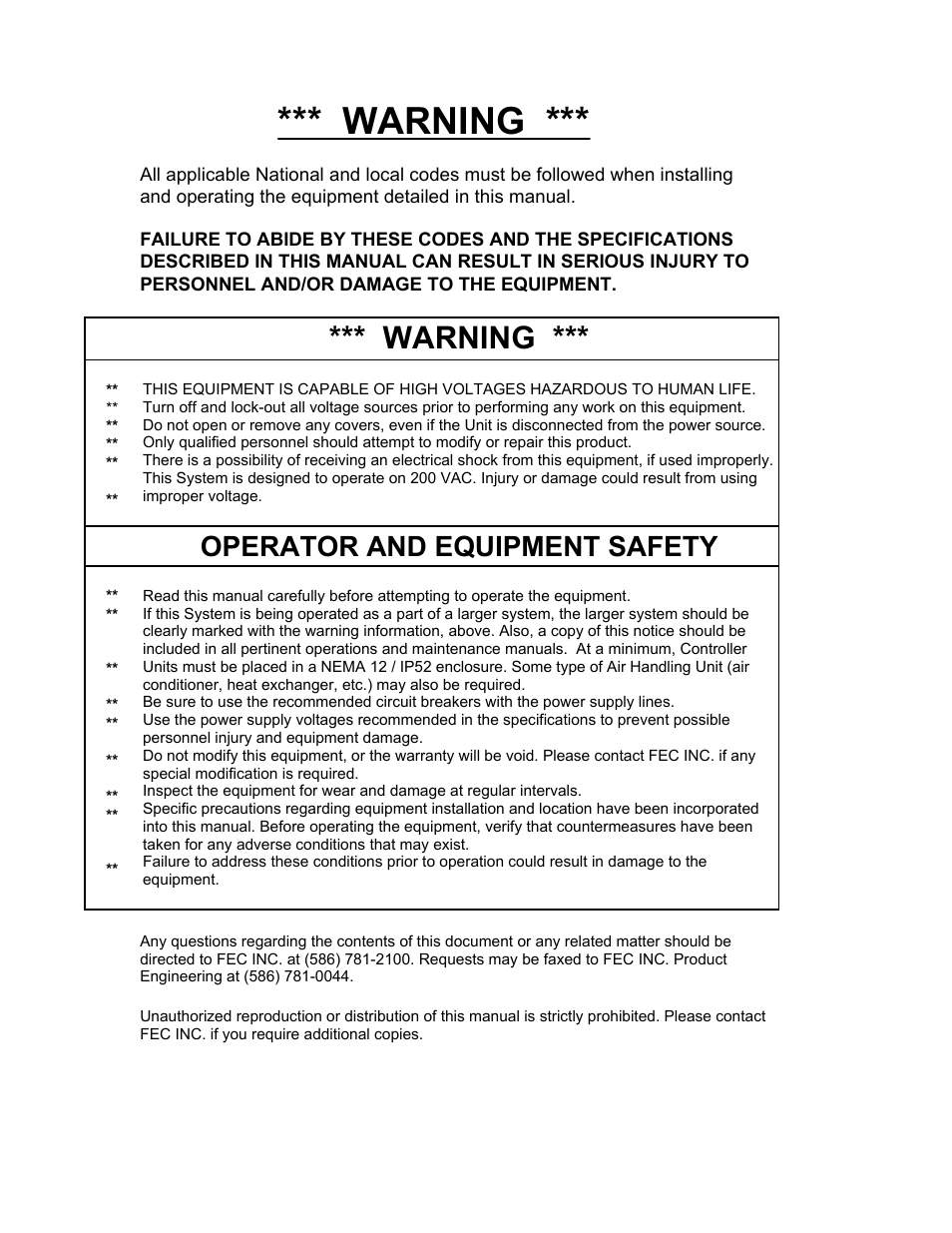 Warning, Operator and equipment safety | FEC AFC1500 User Manual | Page 2 / 63