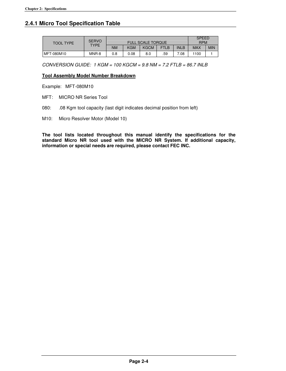 1 micro tool specification table | FEC MICRO NR User Manual | Page 24 / 118