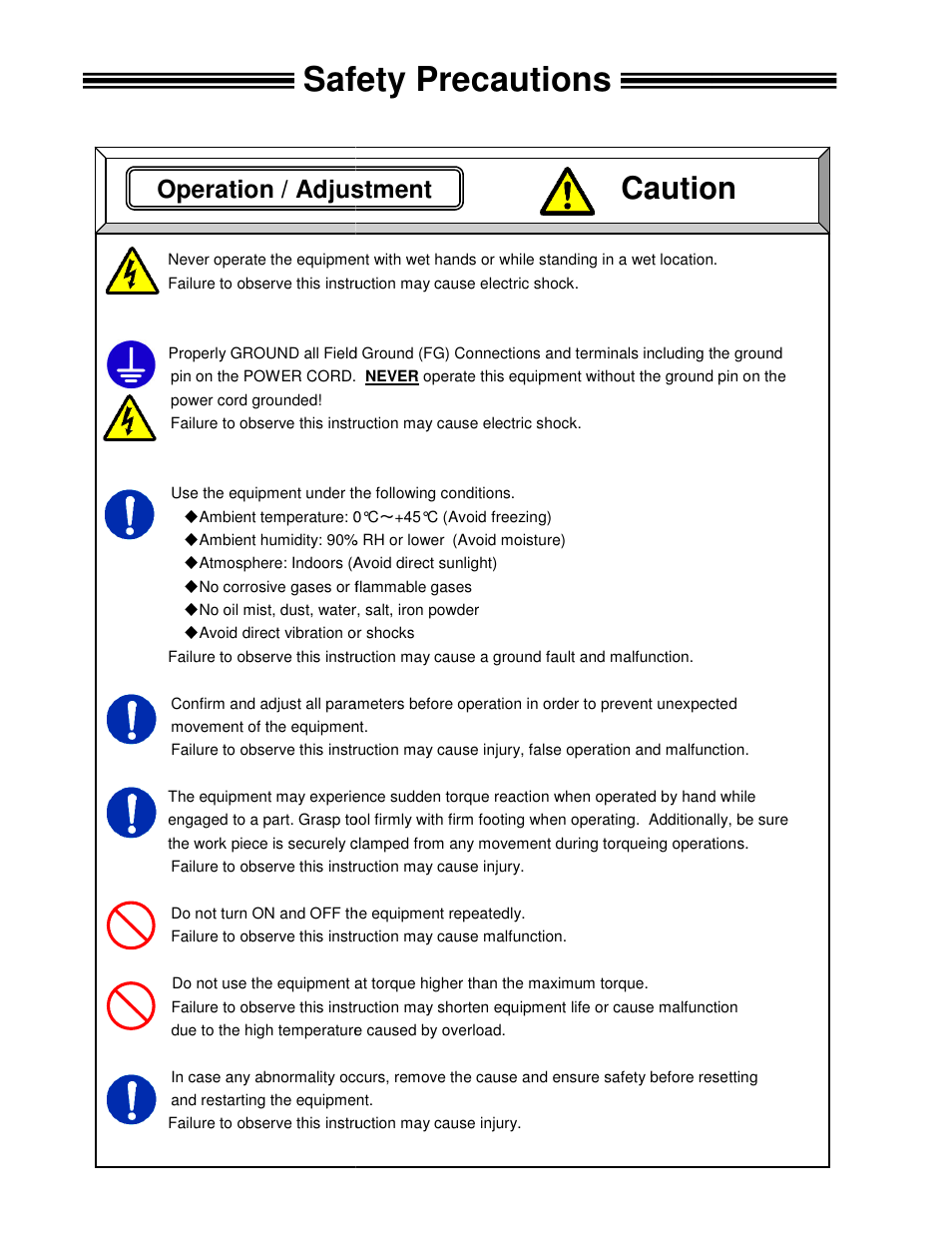 Safety precautions, Caution, Operation / adjustment | Adjustment | FEC FUSIONE-HS-2 User Manual | Page 10 / 183