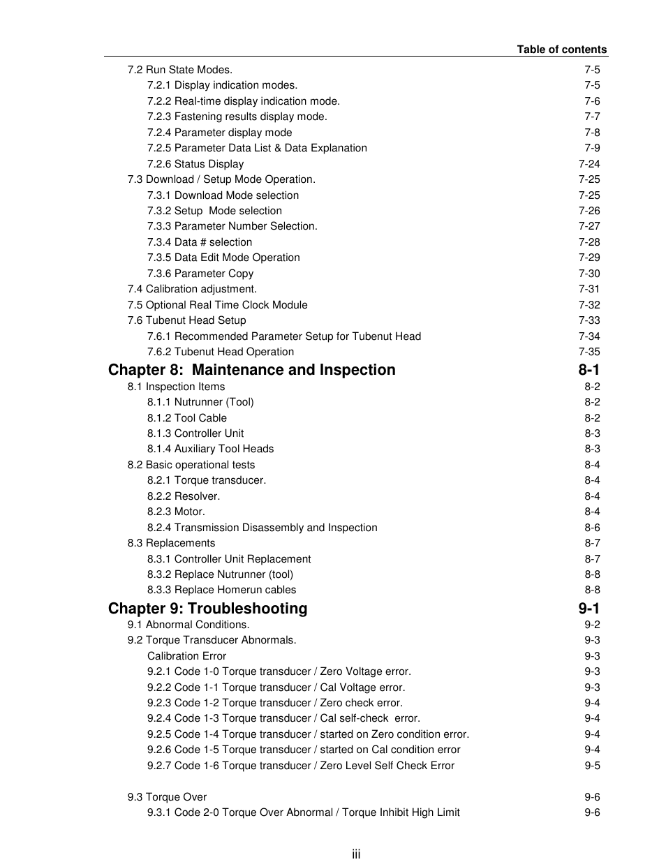 Chapter 8: maintenance and inspection 8-1, Chapter 9: troubleshooting 9-1 | FEC FUSIONE-HS-2 User Manual | Page 13 / 183