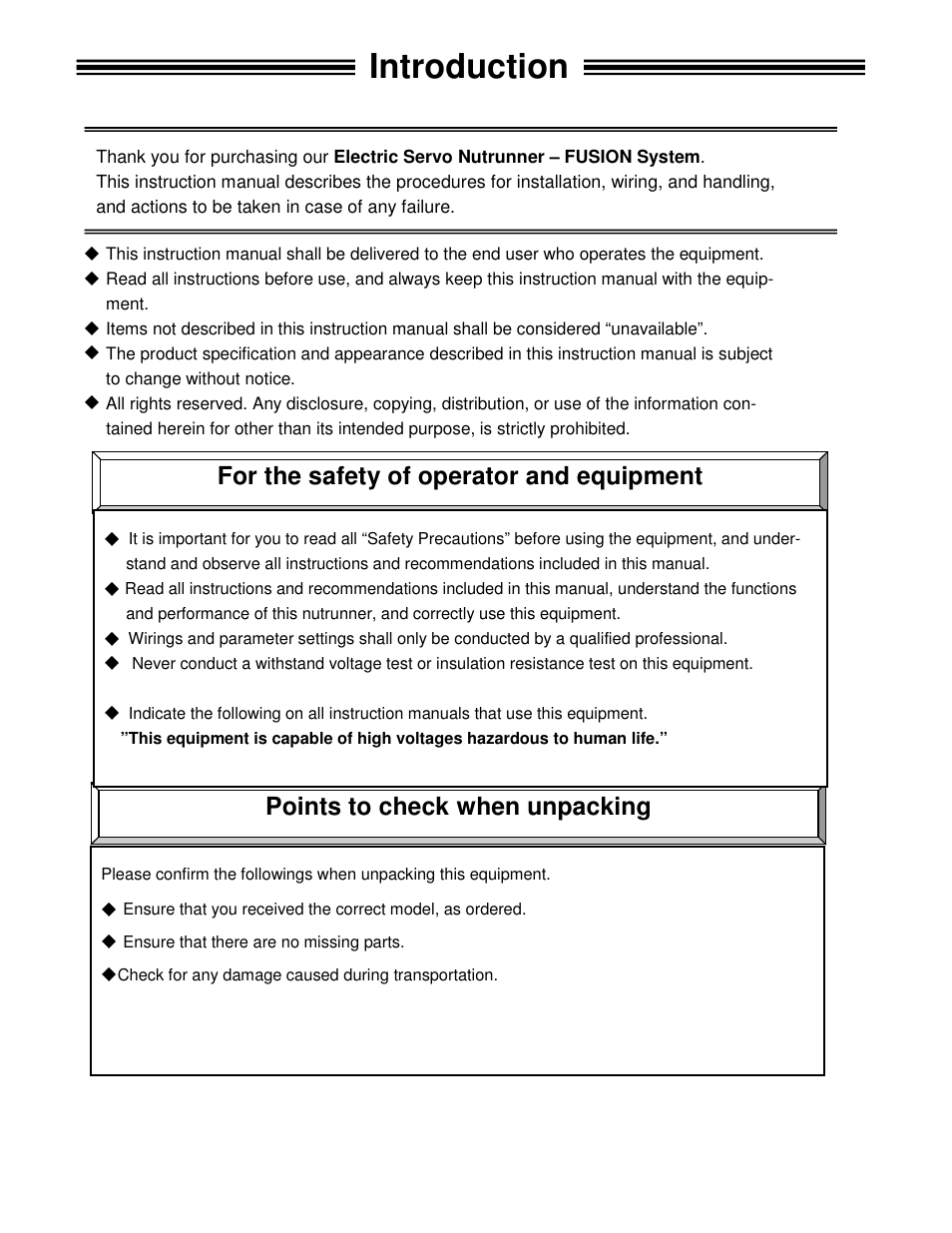 Introduction, For the safety of operator and equipment, Points to check when unpacking | FEC FUSIONE-HS-2 User Manual | Page 4 / 183
