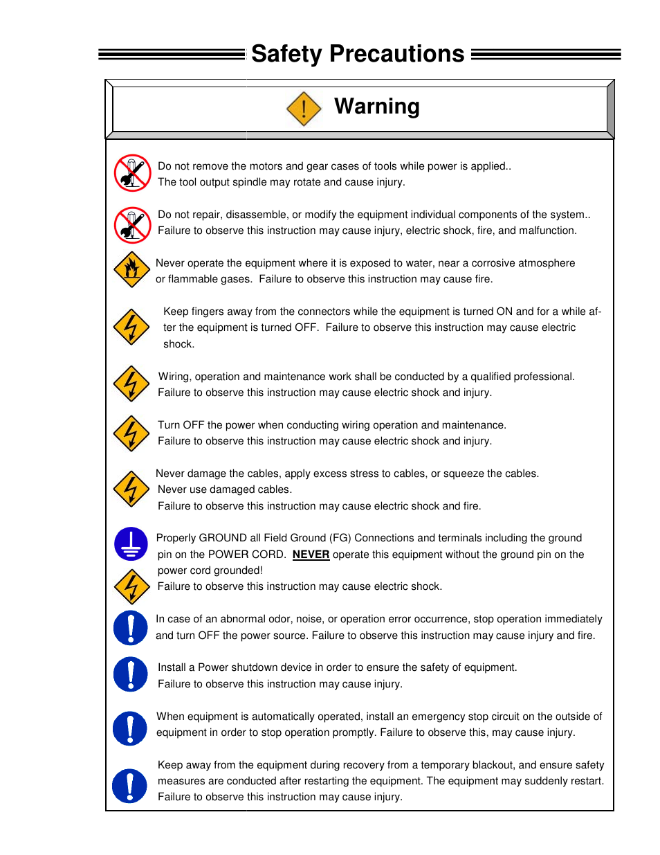 Safety precautions, Warning | FEC FUSIONE-HS-2 User Manual | Page 7 / 183