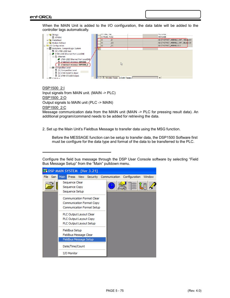 Enforce, Dsp1500 fieldbus message setup | FEC DSP1500 Main Unit User Manual | Page 115 / 124