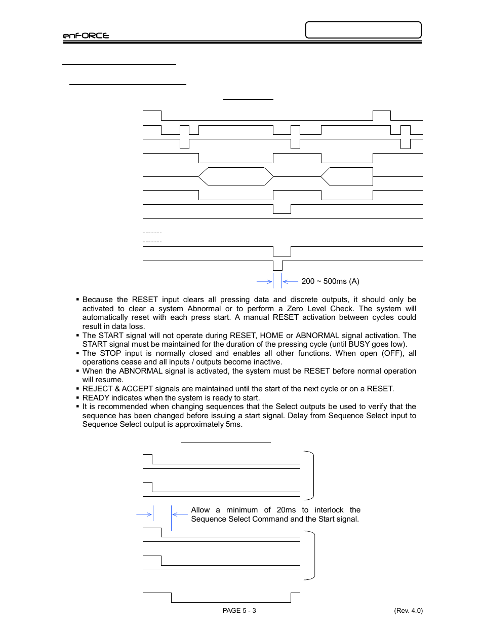 Enforce, 2 signal timing charts 5.2.1 sequence operation, Dsp1500 main unit hardware manual | Signal timing | FEC DSP1500 Main Unit User Manual | Page 43 / 124