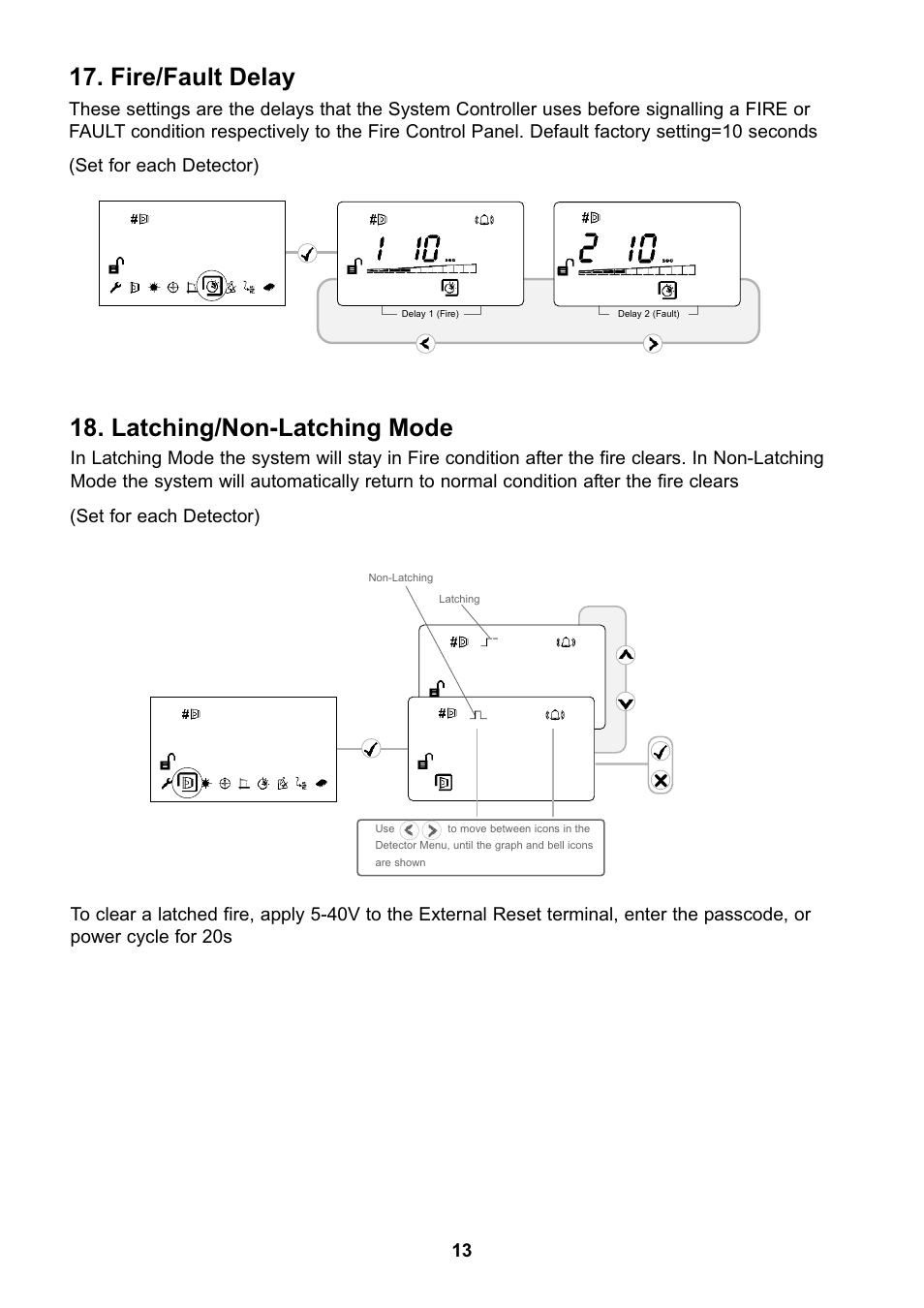 Fire/fault delay 18. latching/non-latching mode | Fire Fighting Enterprises FIRERAY 5000 User Manual | Page 13 / 16