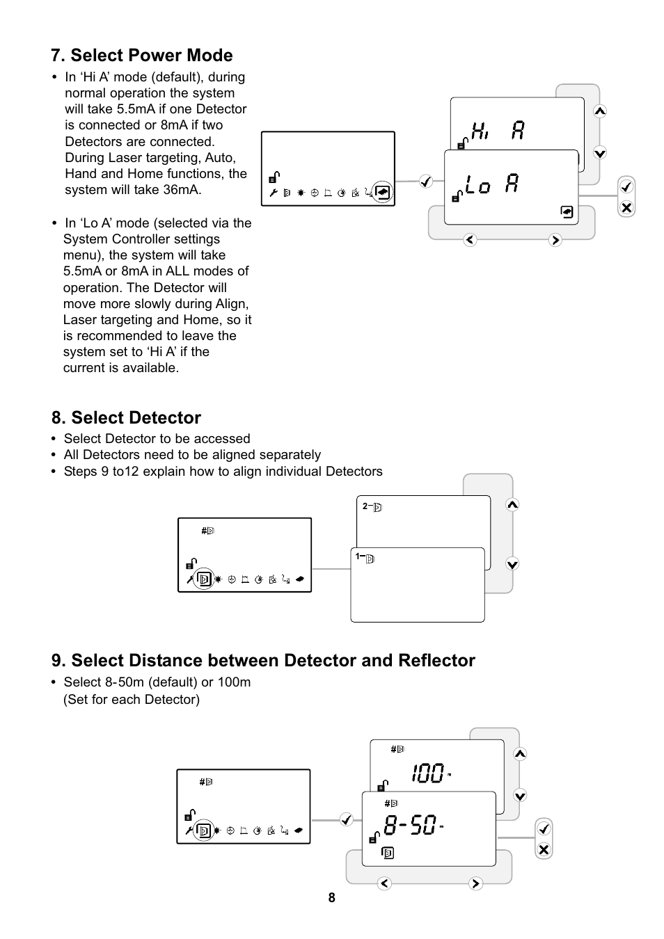 Select power mode 8. select detector, Select distance between detector and reflector | Fire Fighting Enterprises FIRERAY 5000 User Manual | Page 8 / 16