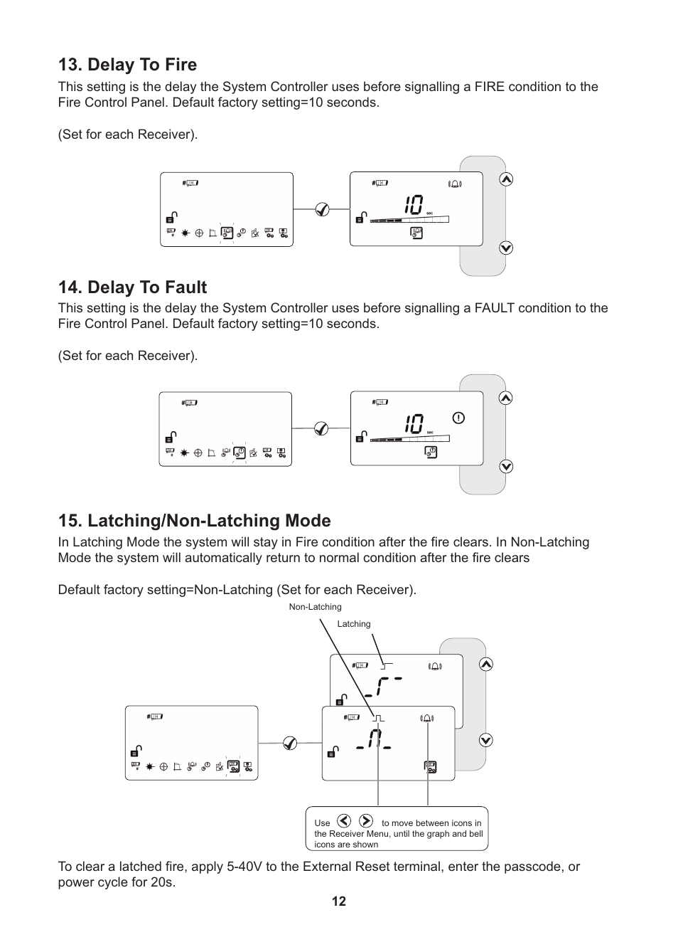 Delay to fire, Delay to fault, Latching/non-latching mode | Fire Fighting Enterprises FIRERAY 3000 User Manual | Page 12 / 16