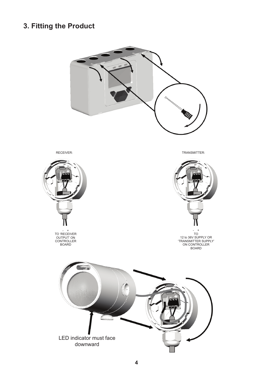 Fitting the product, Led indicator must face downward | Fire Fighting Enterprises FIRERAY 3000 User Manual | Page 4 / 16