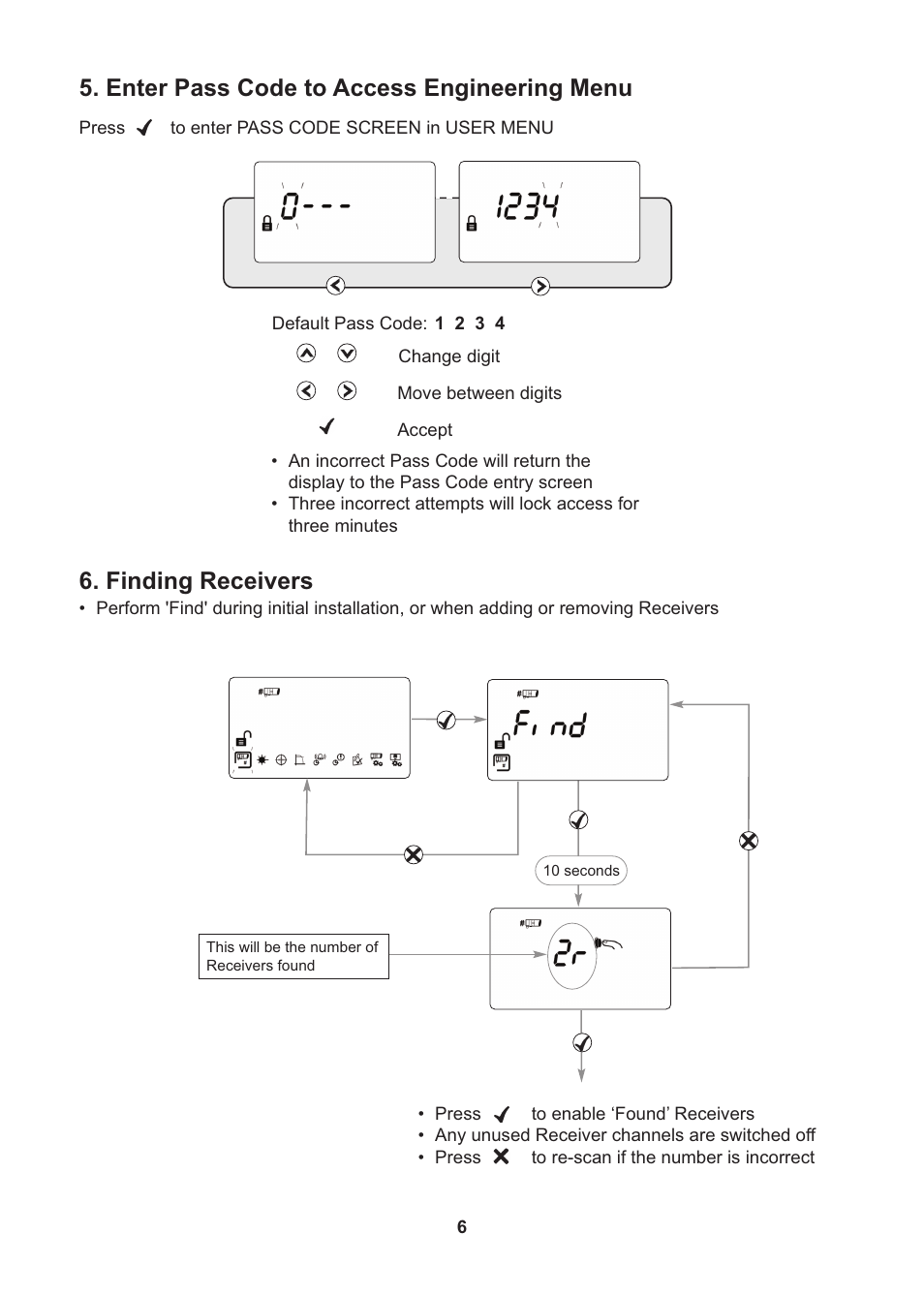 Enter pass code to access engineering menu, Finding receivers | Fire Fighting Enterprises FIRERAY 3000 User Manual | Page 6 / 16