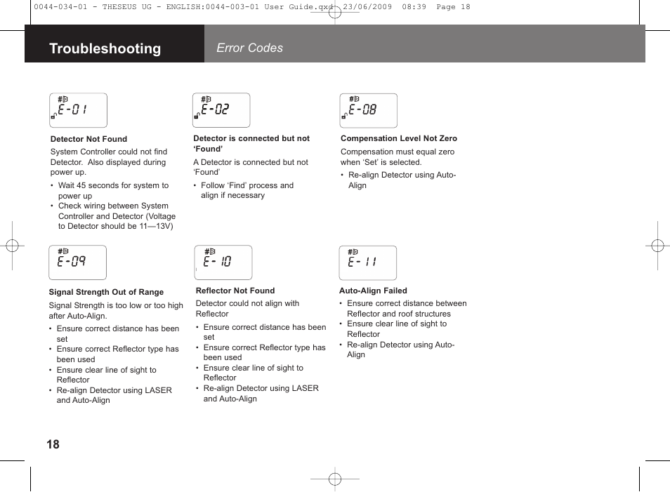 Troubleshooting, Error codes | Fire Fighting Enterprises FIRERAY 5000 4-Head (Legacy) User Manual | Page 18 / 30