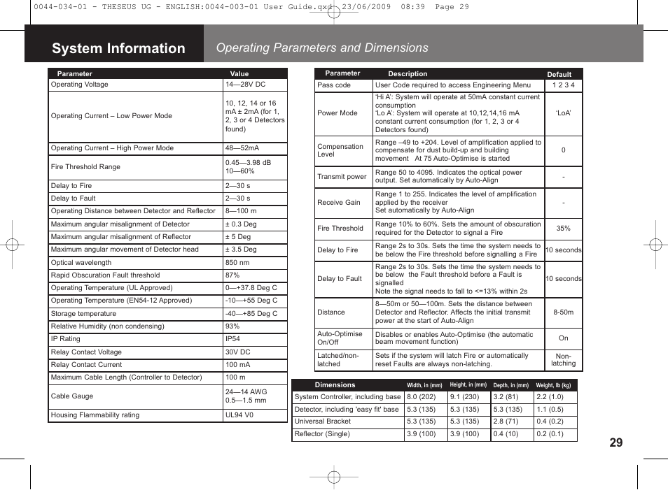 System information, Operating parameters and dimensions | Fire Fighting Enterprises FIRERAY 5000 4-Head (Legacy) User Manual | Page 29 / 30