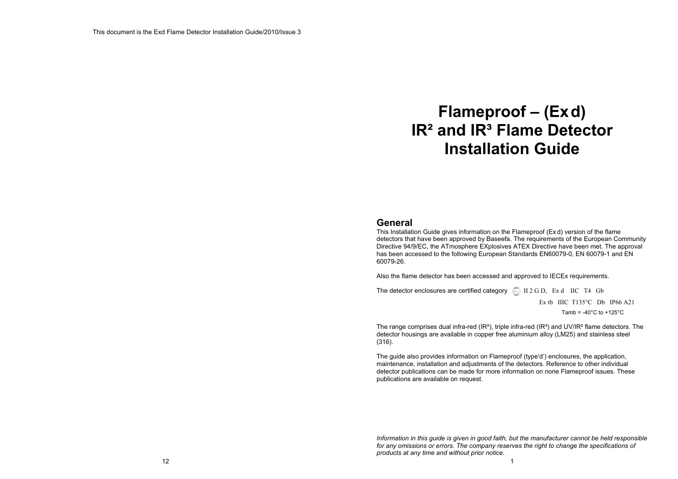 Fire Fighting Enterprises Talentum IR3 Flame Detector User Manual | 6 pages