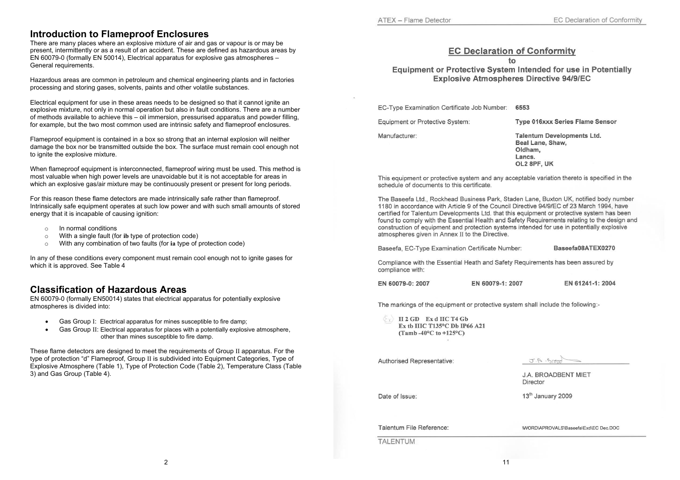 Introduction to flameproof enclosures, Classification of hazardous areas | Fire Fighting Enterprises Talentum IR3 Flame Detector User Manual | Page 2 / 6
