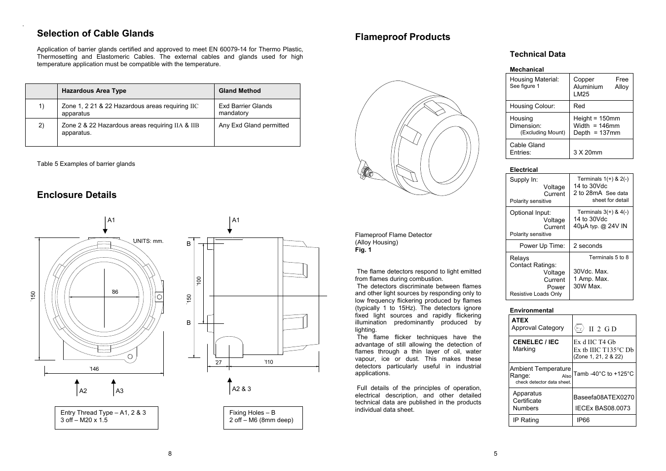 Selection of cable glands, Enclosure details, Flameproof products | Fire Fighting Enterprises Talentum IR3 Flame Detector User Manual | Page 5 / 6