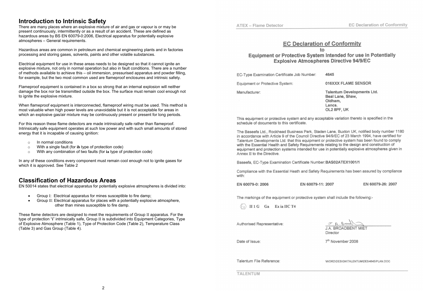 Introduction to intrinsic safety, Classification of hazardous areas | Fire Fighting Enterprises Talentum IR3 Flame Detector User Manual | Page 2 / 8