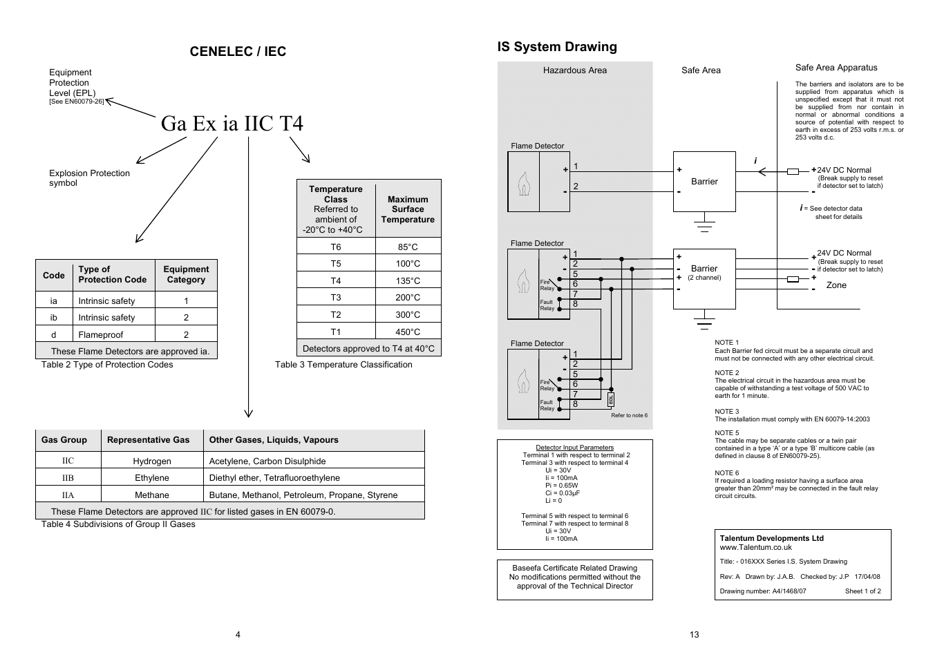 Ga ex ia iic t4, Cenelec / iec, Is system drawing | Fire Fighting Enterprises Talentum IR3 Flame Detector User Manual | Page 4 / 8