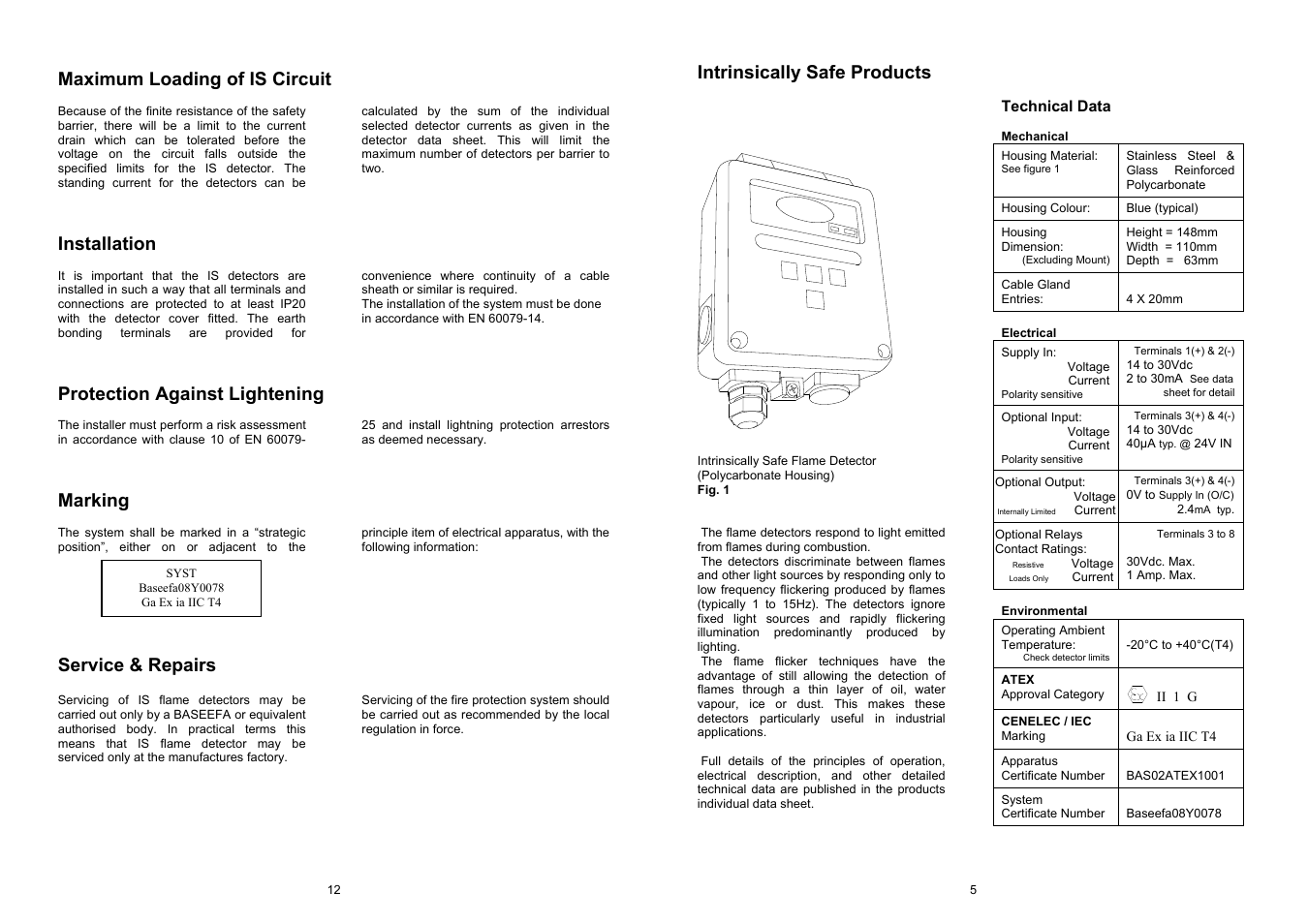 Maximum loading of is circuit, Installation, Protection against lightening | Marking, Service & repairs, Intrinsically safe products | Fire Fighting Enterprises Talentum IR3 Flame Detector User Manual | Page 5 / 8