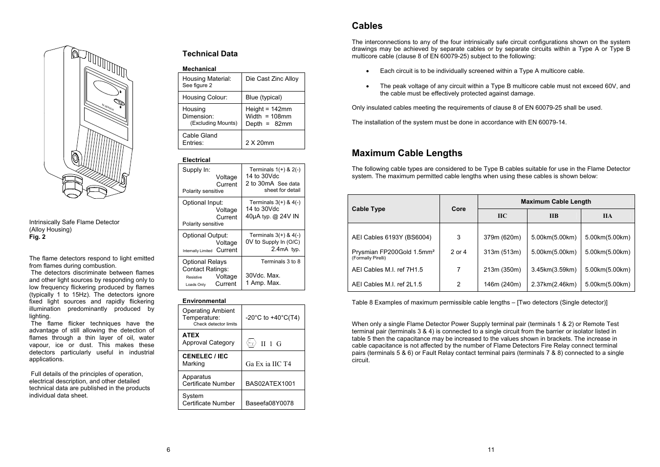 Cables, Maximum cable lengths | Fire Fighting Enterprises Talentum IR3 Flame Detector User Manual | Page 6 / 8