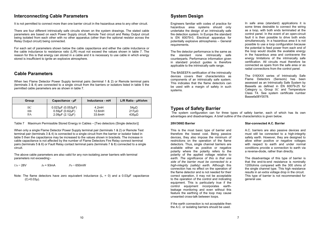 Interconnecting cable parameters, Cable parameters, System design | Types of safety barrier | Fire Fighting Enterprises Talentum IR3 Flame Detector User Manual | Page 7 / 8