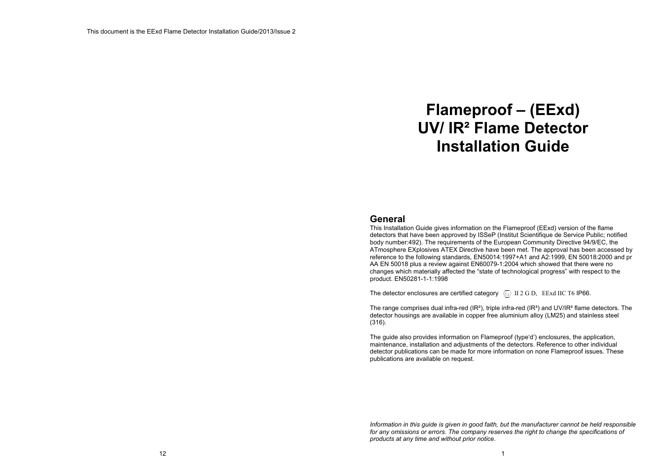 Fire Fighting Enterprises Talentum UV/IR2 Flame Detector User Manual | 6 pages