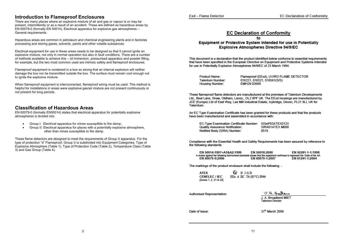 Introduction to flameproof enclosures, Classification of hazardous areas | Fire Fighting Enterprises Talentum UV/IR2 Flame Detector User Manual | Page 2 / 6