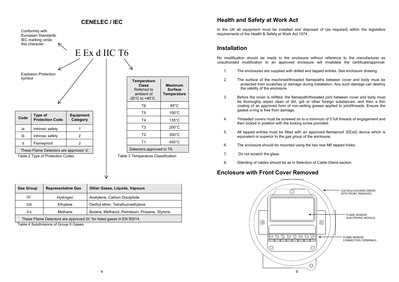 E ex d iic t6, Cenelec / iec, Health and safety at work act | Installation, Enclosure with front cover removed | Fire Fighting Enterprises Talentum UV/IR2 Flame Detector User Manual | Page 4 / 6