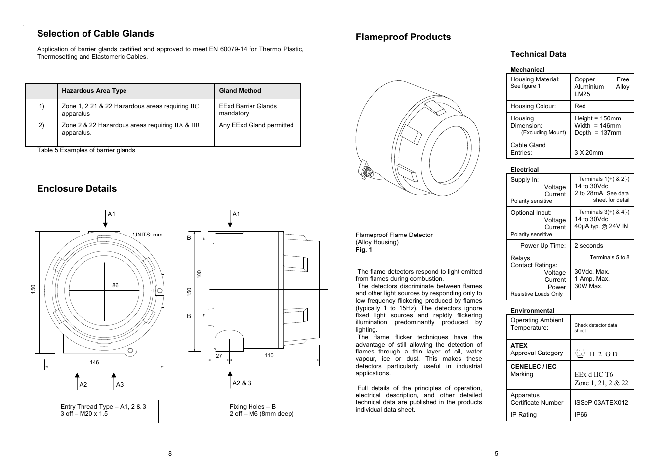Selection of cable glands, Enclosure details, Flameproof products | Fire Fighting Enterprises Talentum UV/IR2 Flame Detector User Manual | Page 5 / 6