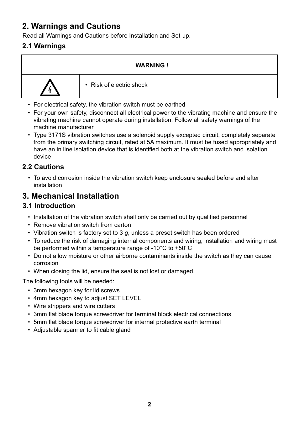 Warnings and cautions, Mechanical installation | Fire Fighting Enterprises Vibration Switch: Weatherproof User Manual | Page 2 / 8