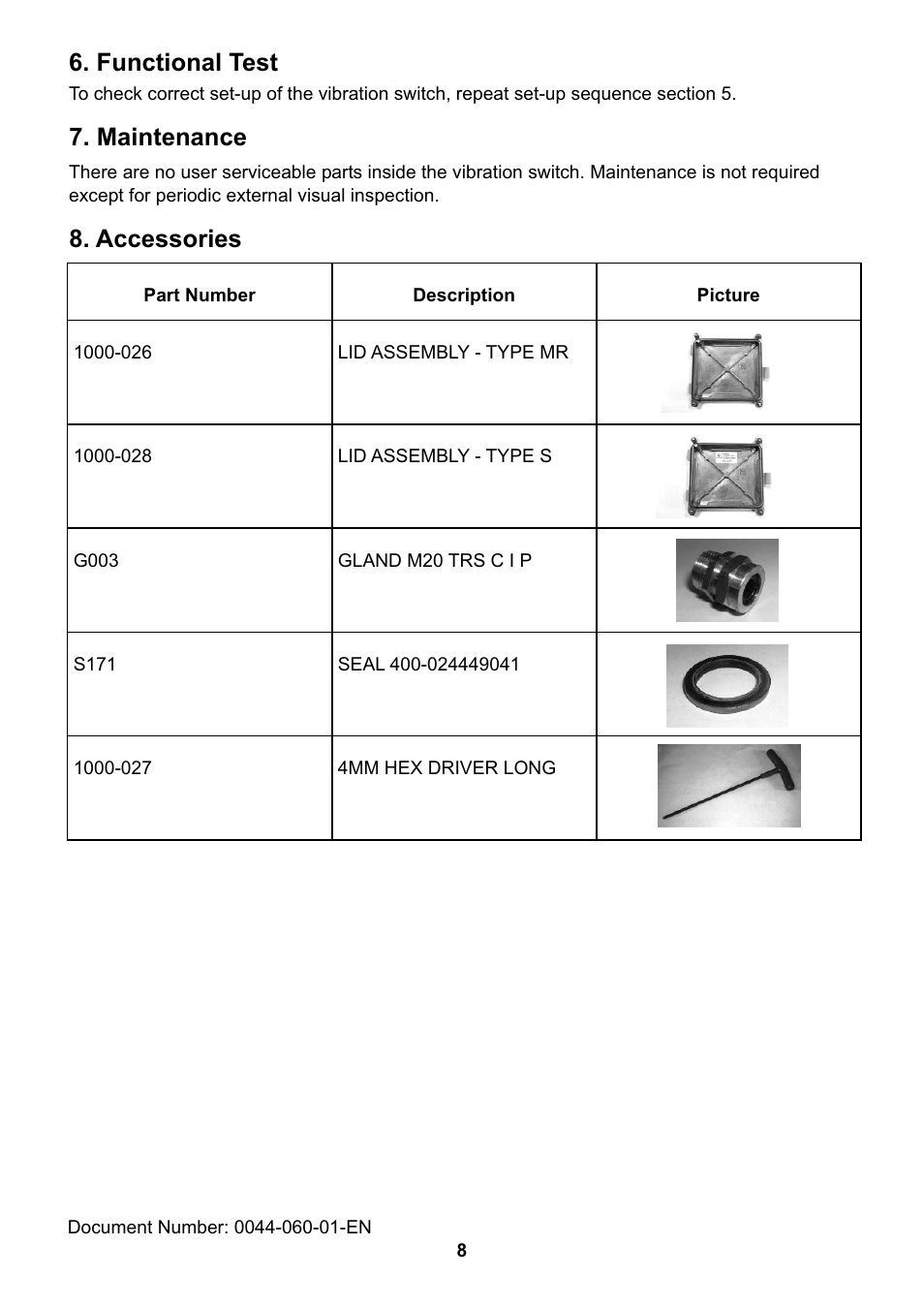 Accessories, Functional test, Maintenance | Fire Fighting Enterprises Vibration Switch: Weatherproof User Manual | Page 8 / 8