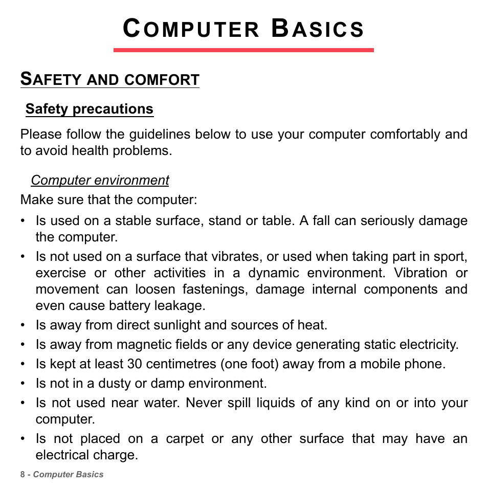 Computer basics, Safety and comfort, Safety precautions | Omputer, Asics | PACKARD BELL dot s series User Manual | Page 10 / 2279