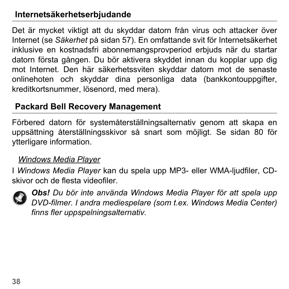 Internetsäkerhetserbjudande, Packard bell recovery management | PACKARD BELL dot s series User Manual | Page 1062 / 2279