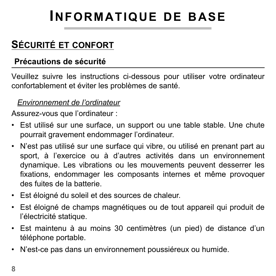 Informatique de base, Sécurité et confort, Précautions de sécurité | B a s e | PACKARD BELL dot s series User Manual | Page 116 / 2279