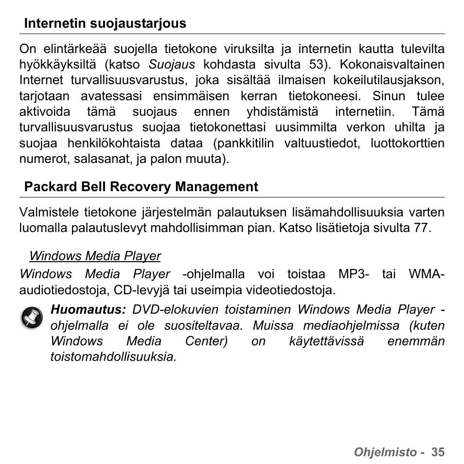 Internetin suojaustarjous, Packard bell recovery management | PACKARD BELL dot s series User Manual | Page 1167 / 2279