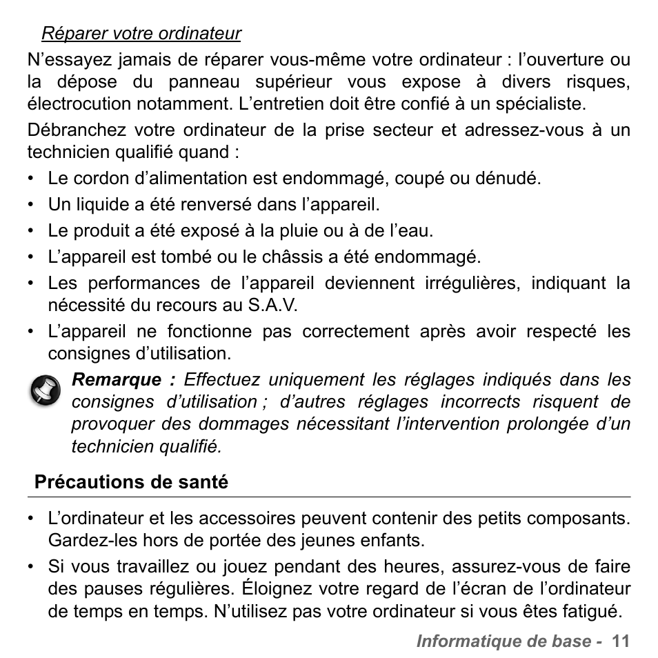 Précautions de santé | PACKARD BELL dot s series User Manual | Page 119 / 2279